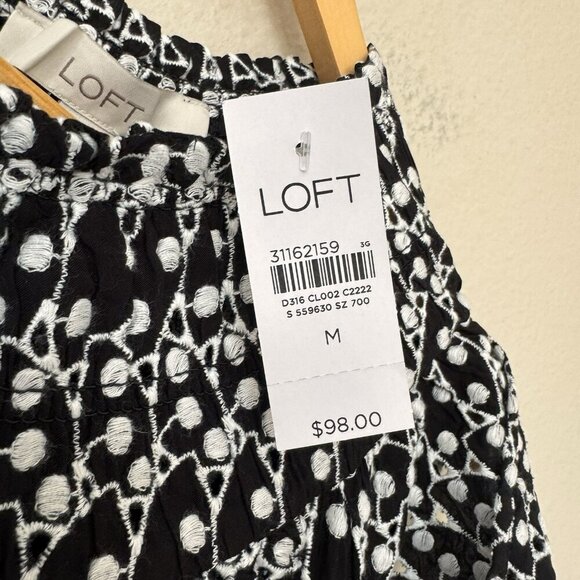 LOFT Womens Embroidered Eyelet Smocked Yoke Mini Swing Dress Black White Size M - Picture 6 of 9